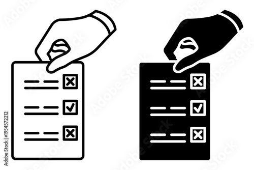 Linear icon. Hand selectively holds a voting sheet with a mark in the desired item. Simple black and white vector symbol isolated on white background