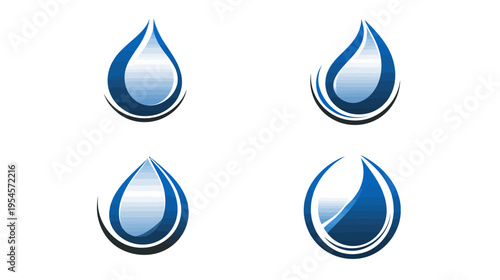 Four stylized water drops with blue and white gradients, enclosed in semi-circles, white background