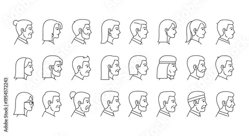Diverse Human Faces Profile Icons Collection, Line Art, Isolated on White