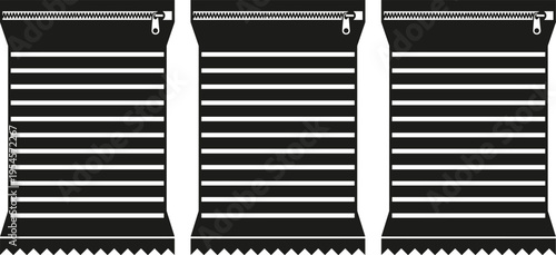 Black and white resealable packaging bags illustration, zipper closure, striped design, tear off bottom, airtight storage, consumer product packaging concept