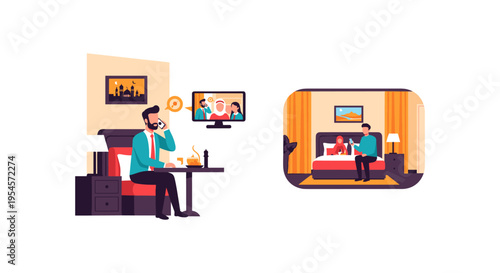 Remote worker on phone in hotel room with laptop