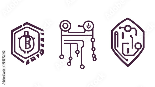Three minimalist line art illustrations of technology and financial concepts, with geometric shapes