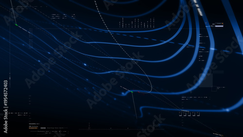 Futuristic holographic topographic environment featuring dynamic geomorphological terrain visualization, integrated into an advanced motion graphic user interface with a head-up display screen