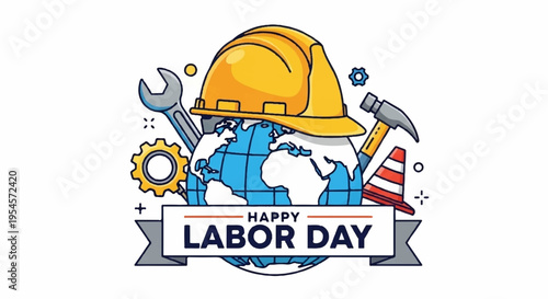 Labor day celebration with hard hat tools and global map emblem