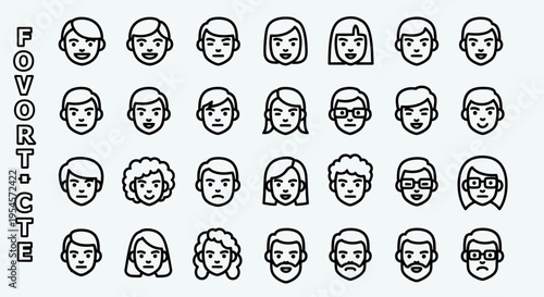 Diverse People Avatars, Minimalist Line Art Faces Set