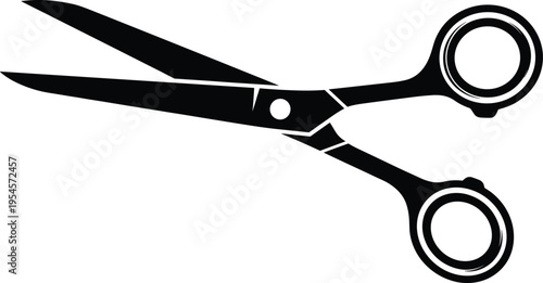  Black silhouette scissors icon, simple stylized design, open blades, circular finger holes, cutting tool illustration for fabric, paper, hair, craft