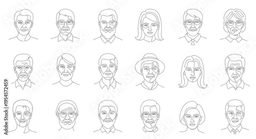 Diverse People Portraits Collection: Line Art Faces of Different Ages and Genders