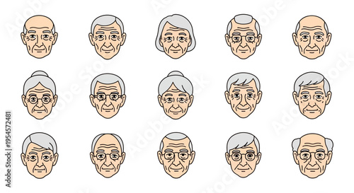 Diverse Senior Faces Collection: Elderly Men and Women, Variety of Expressions