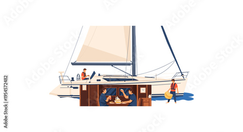 sailboat with people on deck and in cabin