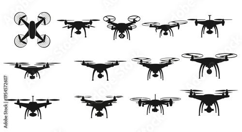 Drone Icons Set: Quadcopter Silhouettes Collection