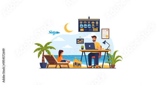 Remote work on a tropical beach with a man and woman