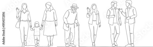 Continuous line drawing of diverse people walking, interacting, and waving on a white background