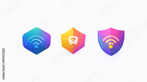 Three gradient-colored 3D icons, Wi-Fi, audio headset, and signal. Set on white background