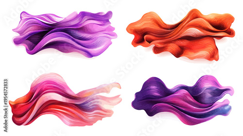 Four colorful, flowing fabric-like designs on a white background. Each has a watercolor appearance
