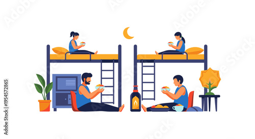 illustration of people meditating in dormitory at night