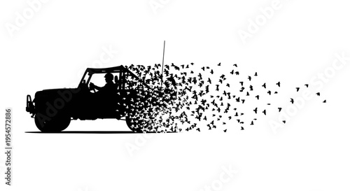 Military Jeep Silhouette Dissolving into a Flock of Birds Conceptual Peace Illustration