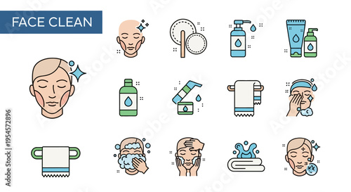 Face Clean Icons: Skincare Routine, Beauty, and Hygiene Vector Illustrations