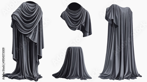 Digitally rendered art of draped fabric forms in varying shapes, presented against white background