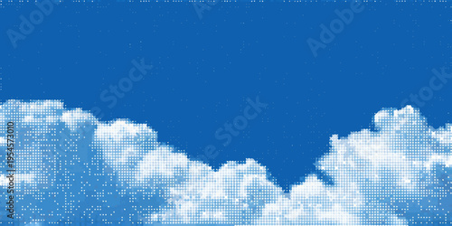 A vibrant blue sky with scattered dotted white clouds below