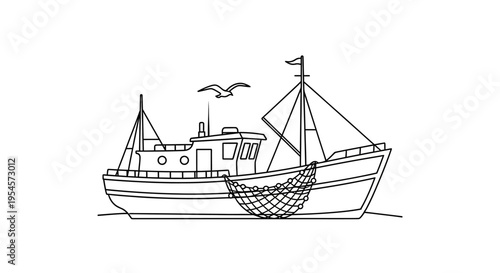 Fishing boat with net and seagull flying, outline illustration