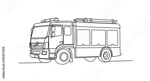 Fire Truck Line Art Illustration - Emergency Vehicle Drawing