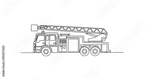 Fire Truck Line Art Drawing, Ladder Fire Engine Vehicle Illustration