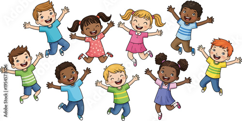 Joyful Diverse Children Jumping Happily Together, Celebrating Friendship and Playfulness on a Bright White Background
