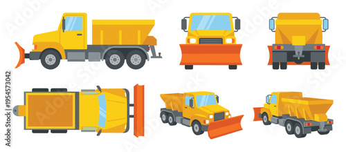 Set of Yellow Snow Plow Trucks from Multiple Angles for Winter Road Maintenance and Service