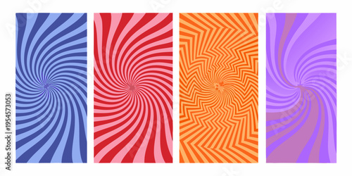 Four vibrant rectangular panels with swirling hypnotic optical illusions