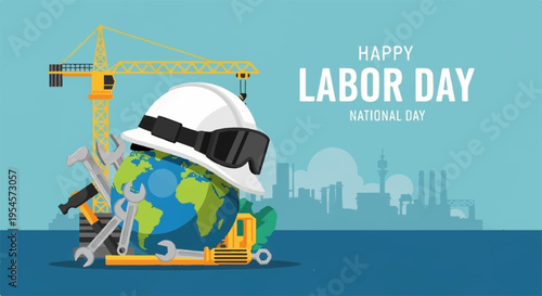 Happy labor day national day earth globe construction worker hard hat