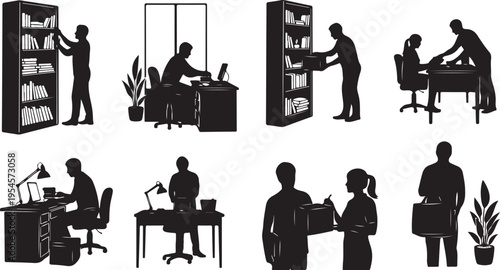 Office Workers Engaged in Various Professional Activities Silhouettes
