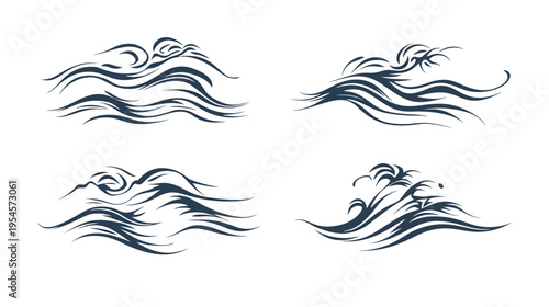Four stylized ocean wave illustrations in a dark blue color against a white background