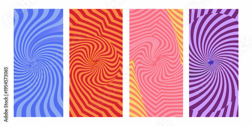 Four vibrant swirling vertically oriented abstract geometric panels