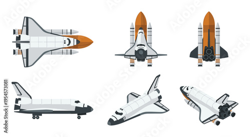 Collection of Space Shuttle Illustrations: Top, Front, Rear, Side, and Angled Views
