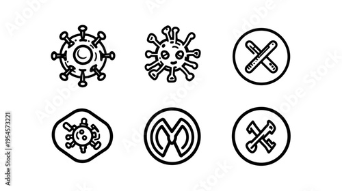 Six bold black line drawings depicting virus-like shapes, crosses in circles, and a design with overlapping arcs