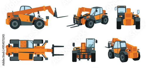 Collection of orange construction telehandler forklifts in various angles and positions