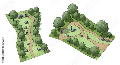 Top-down aerial view vector illustration of two green park layouts with winding dirt paths, trees, rocks, and small walking figures, ideal for urban planning and landscape design concepts.