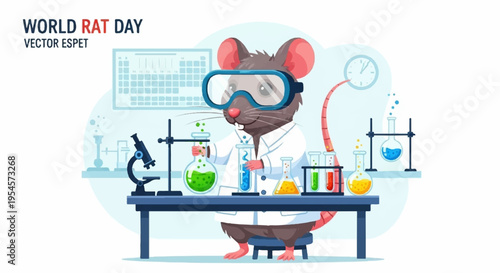 Brown lab rat in goggles conducts experiment in laboratory setting with colorful equipment and various test tubes and beakers on table