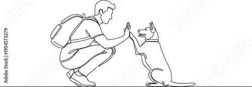 Man and dog high-five in continuous line art illustration, showing friendship and connection.