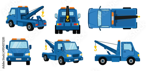 Blue Tow Truck Collection: Multiple Views of a Recovery Vehicle for Assistance