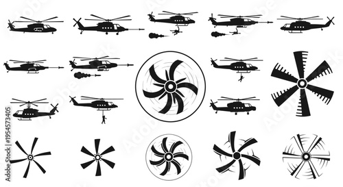 Helicopter Silhouettes and Rotor Blades Set - Vector Graphics