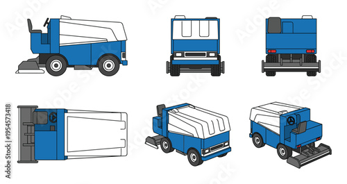 Blue and white floor scrubber machine from multiple isometric and orthographic views