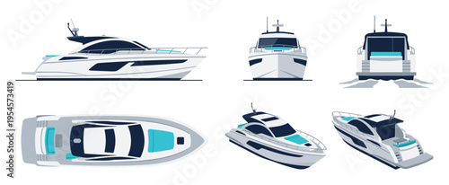 Collection of Modern Luxury Yachts in Multiple Views: Side, Front, Back, Top, and Angled