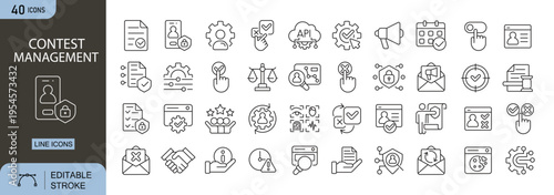 Contest management icons set representing competition setup, entries, rules, judging, voting, winners selection, prizes, leaderboard and event organization . Editable Stroke.