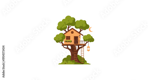 whimsical treehouse with ladder and lantern at night