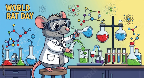 Lab rat in white coat conducts colorful chemistry experiment with beakers and test tubes