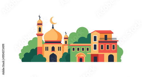 Vibrant illustration of mosque and buildings with crescent moon