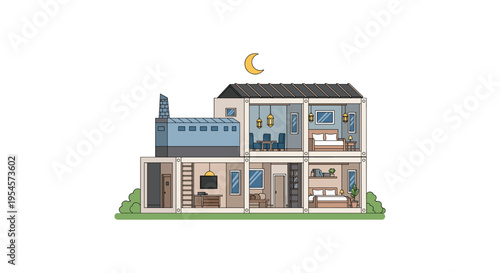 Cross-section of modern house with interior rooms at night