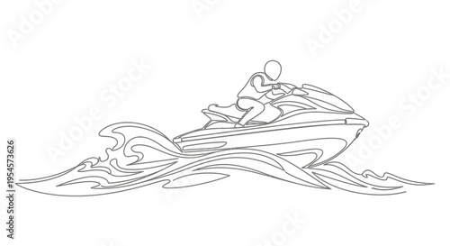 Jet ski rider on waves, line art drawing, water sport