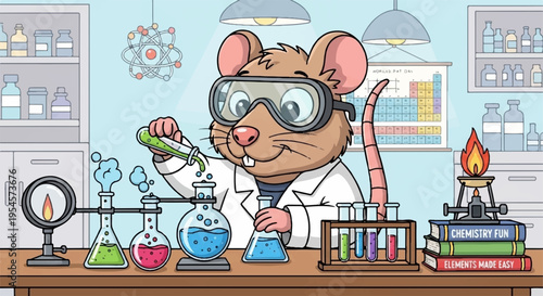 Curious mouse in lab coat conducting science experiment with colorful chemicals and equipment